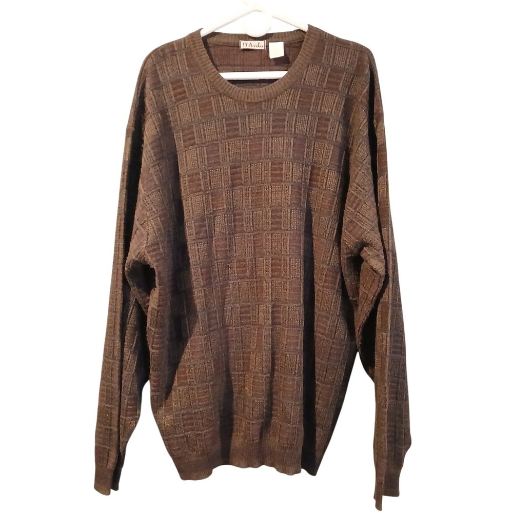 Vtg D´Avila Mens 2XLT Sweater Crew Neck Geometric Brown Wool Blend Grandpa